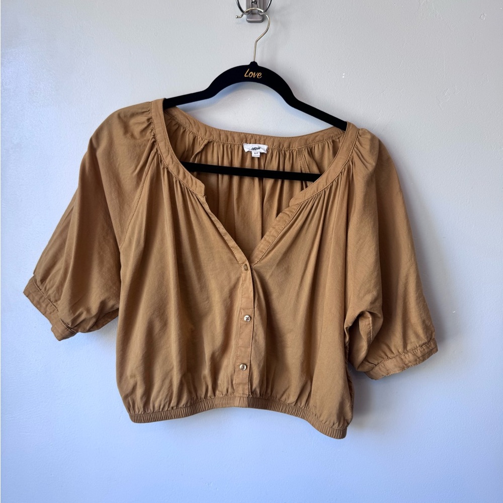Aerie Brown Puff Sleeve Crop Blouse
